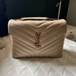 YSL LouLou Mesoum shoulder bag in dark beige.